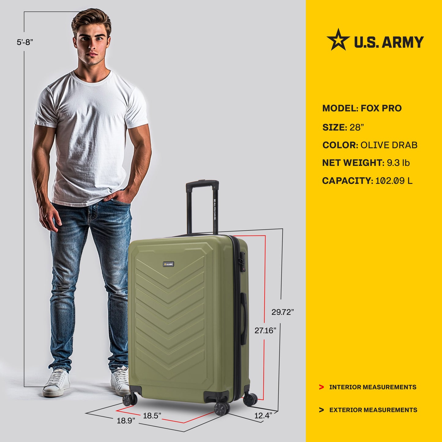 U.S. ARMY FOX PRO 28" Expandable Large Suitcase with TSA Lock