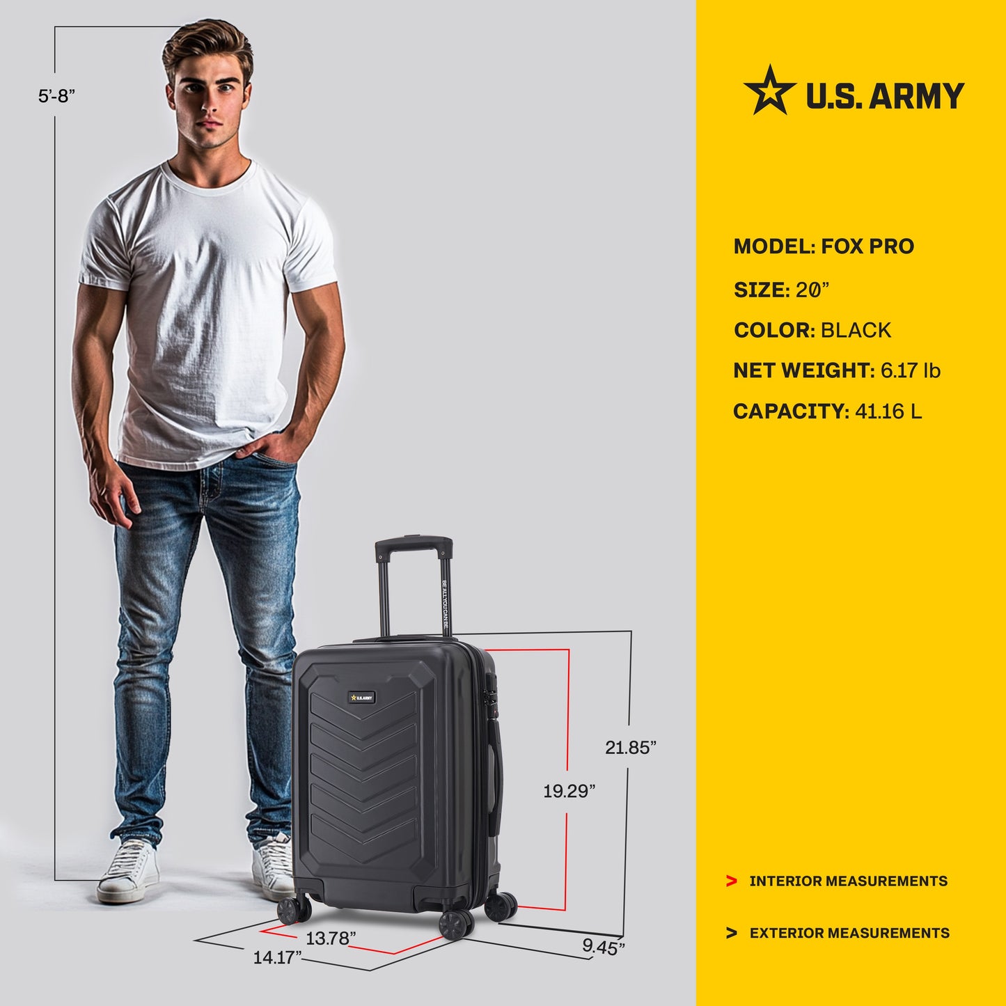 U.S. ARMY FOX PRO 20" Expandable Carry-On Suitcase with TSA Lock