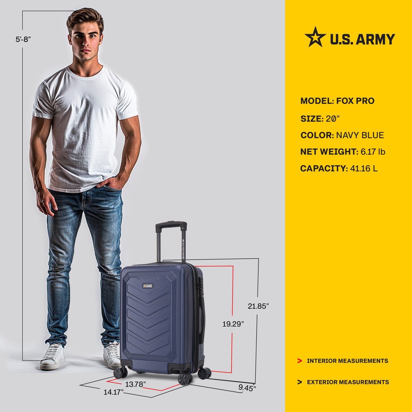 U.S. ARMY FOX PRO 20" Expandable Carry-On Suitcase with TSA Lock