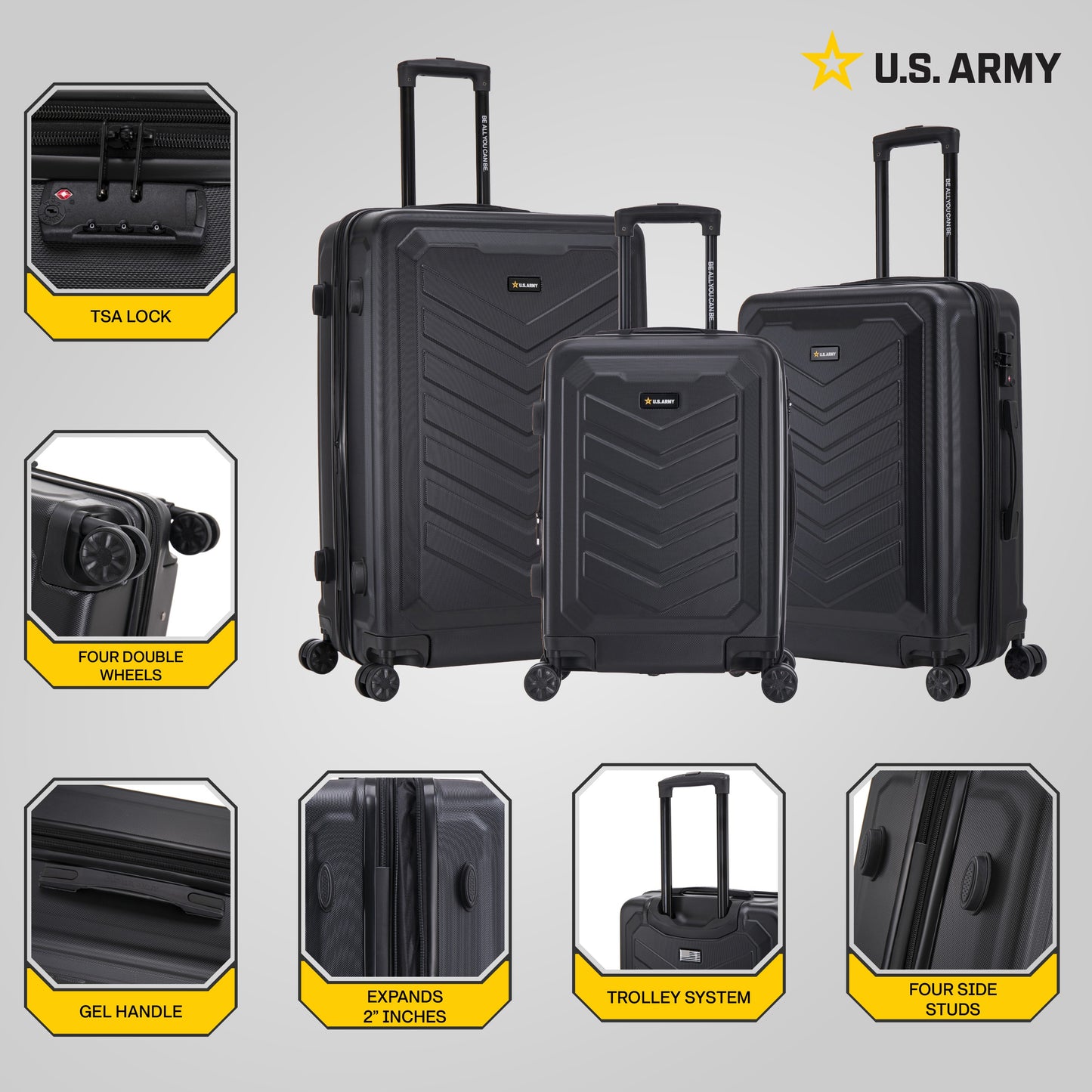 U.S. Army FOX PRO 3-Piece Luggage Set 20"/24"/28" Expandable Suitcases with TSA Lock