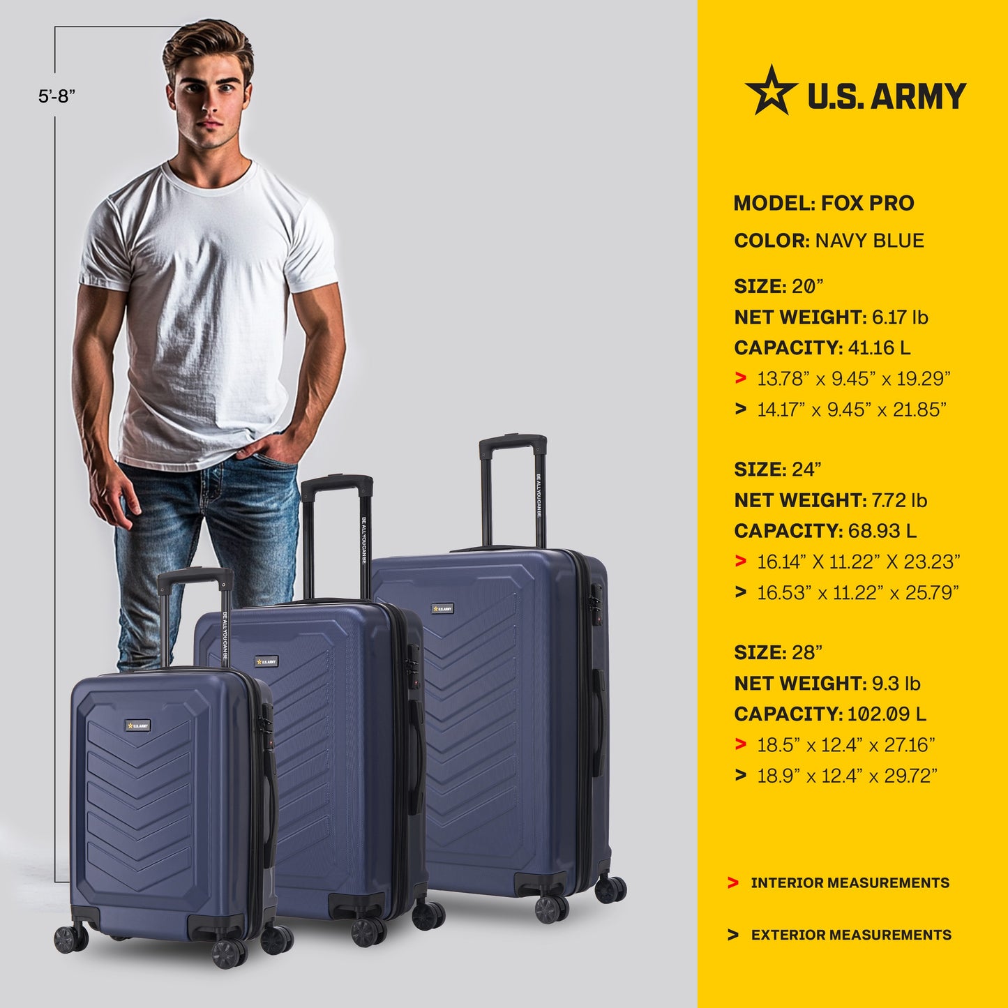 U.S. Army FOX PRO 3-Piece Luggage Set 20"/24"/28" Expandable Suitcases with TSA Lock