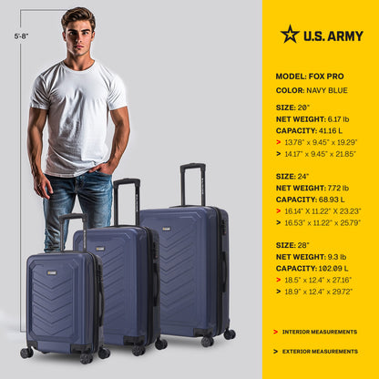 U.S. Army FOX PRO 3-Piece Luggage Set 20"/24"/28" Expandable Suitcases with TSA Lock