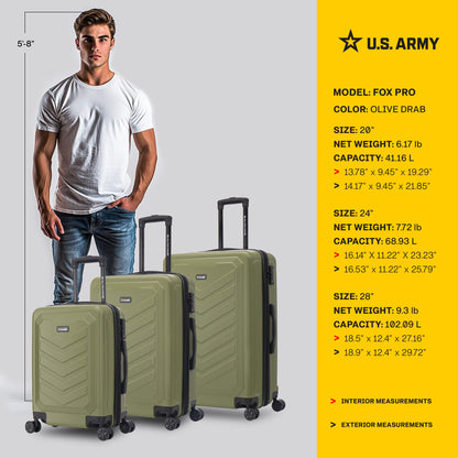 U.S. Army FOX PRO 3-Piece Luggage Set 20"/24"/28" Expandable Suitcases with TSA Lock